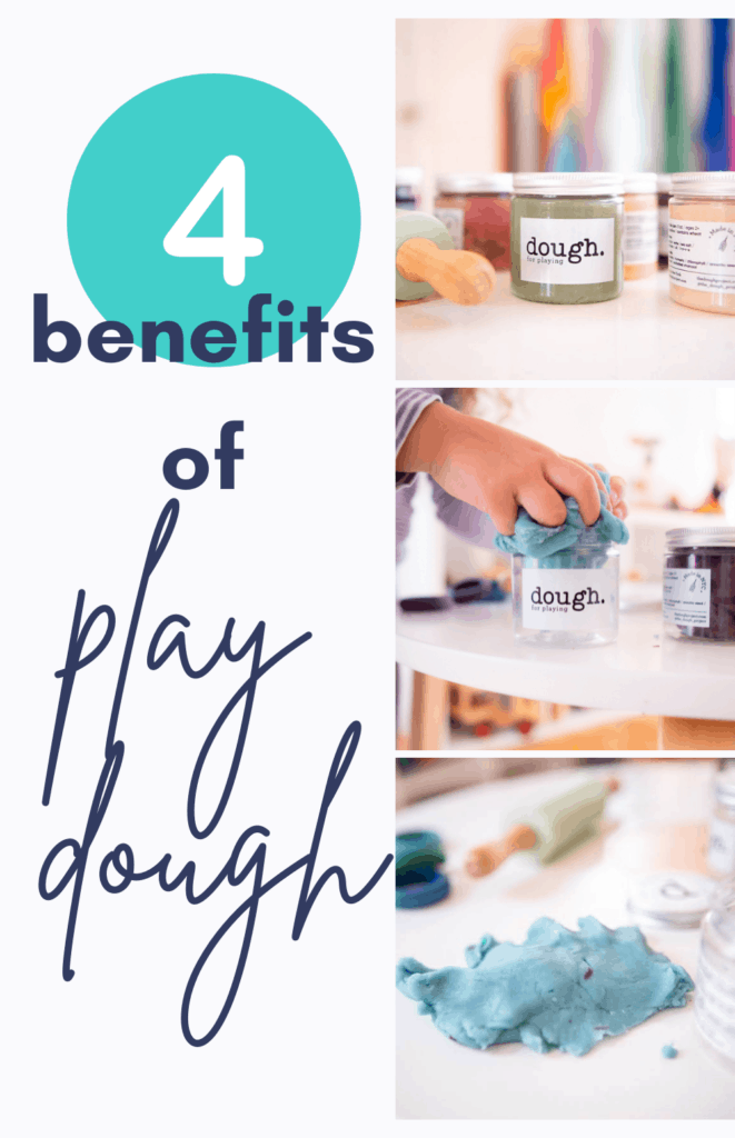 three small pictures featuring jars of play dough with the caption 4 benefits of play dough