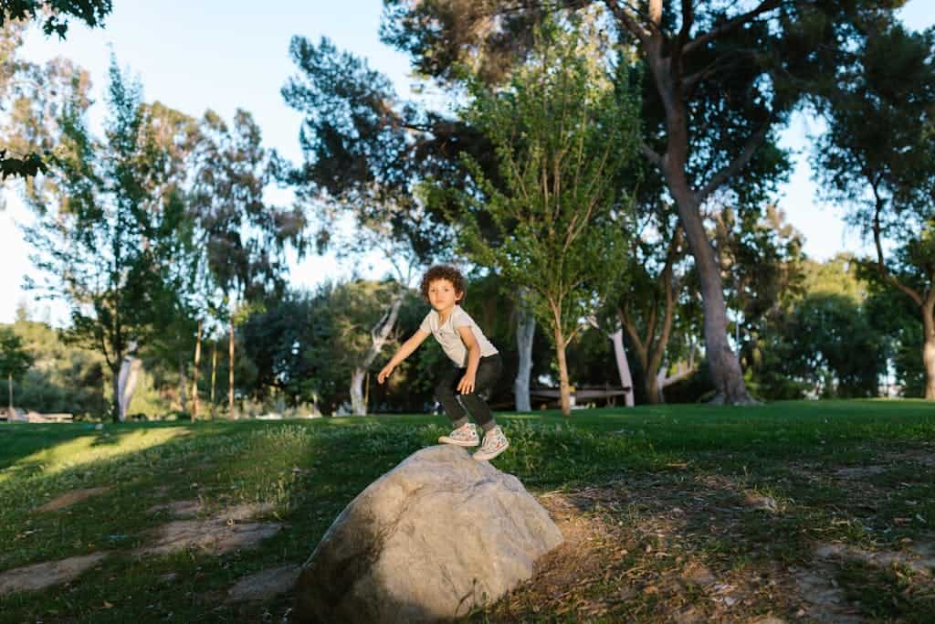 A young child playfully climbs a rock in a sunny park, surrounded by trees and grass.
